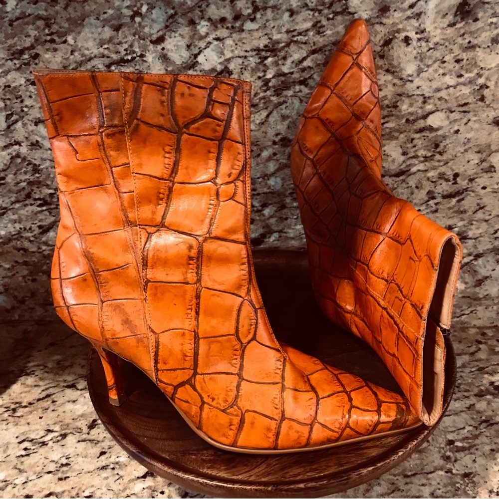 Vintage Orange Croc-Embossed Ankle Boots